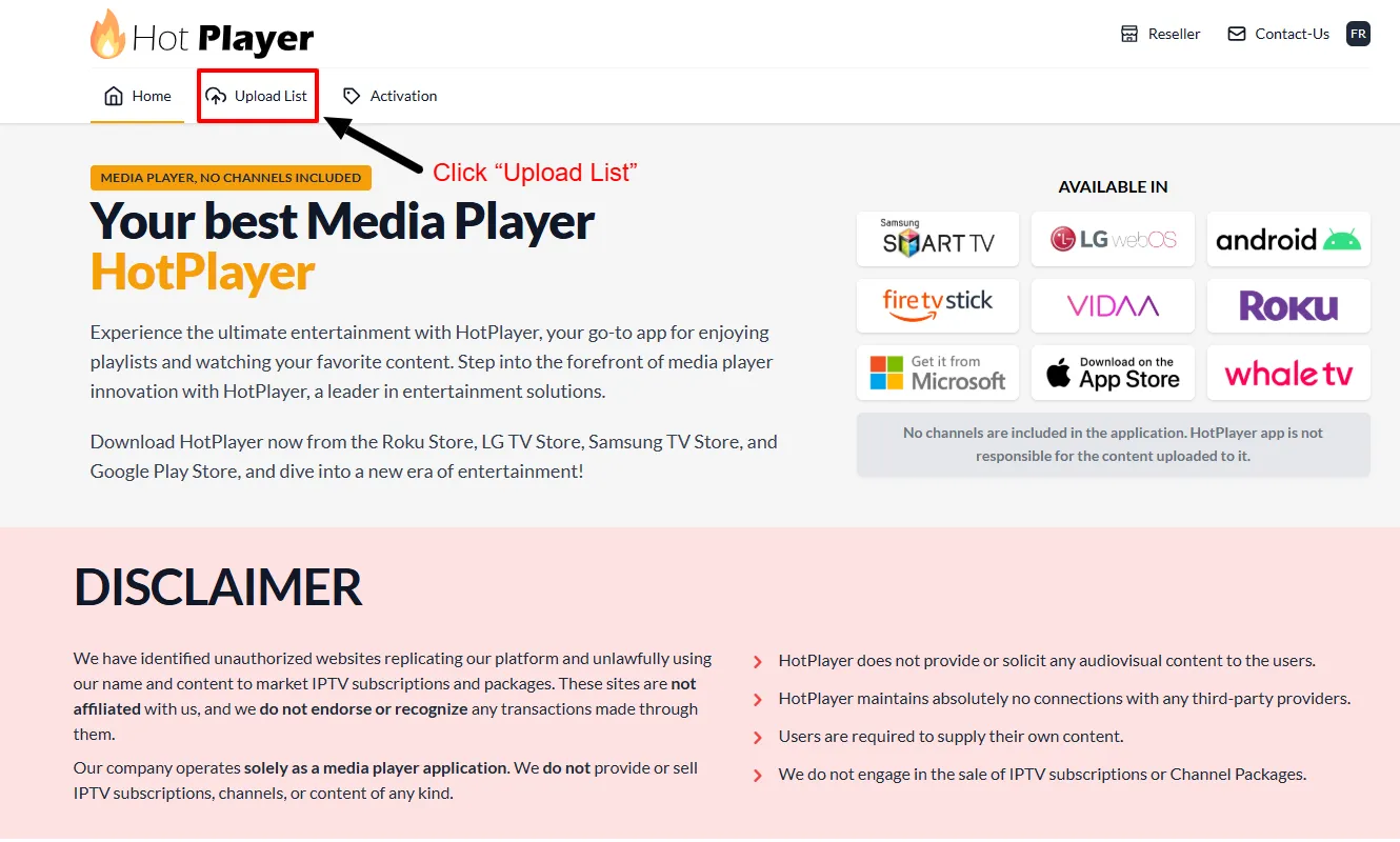 HotPlayer Upload List menu