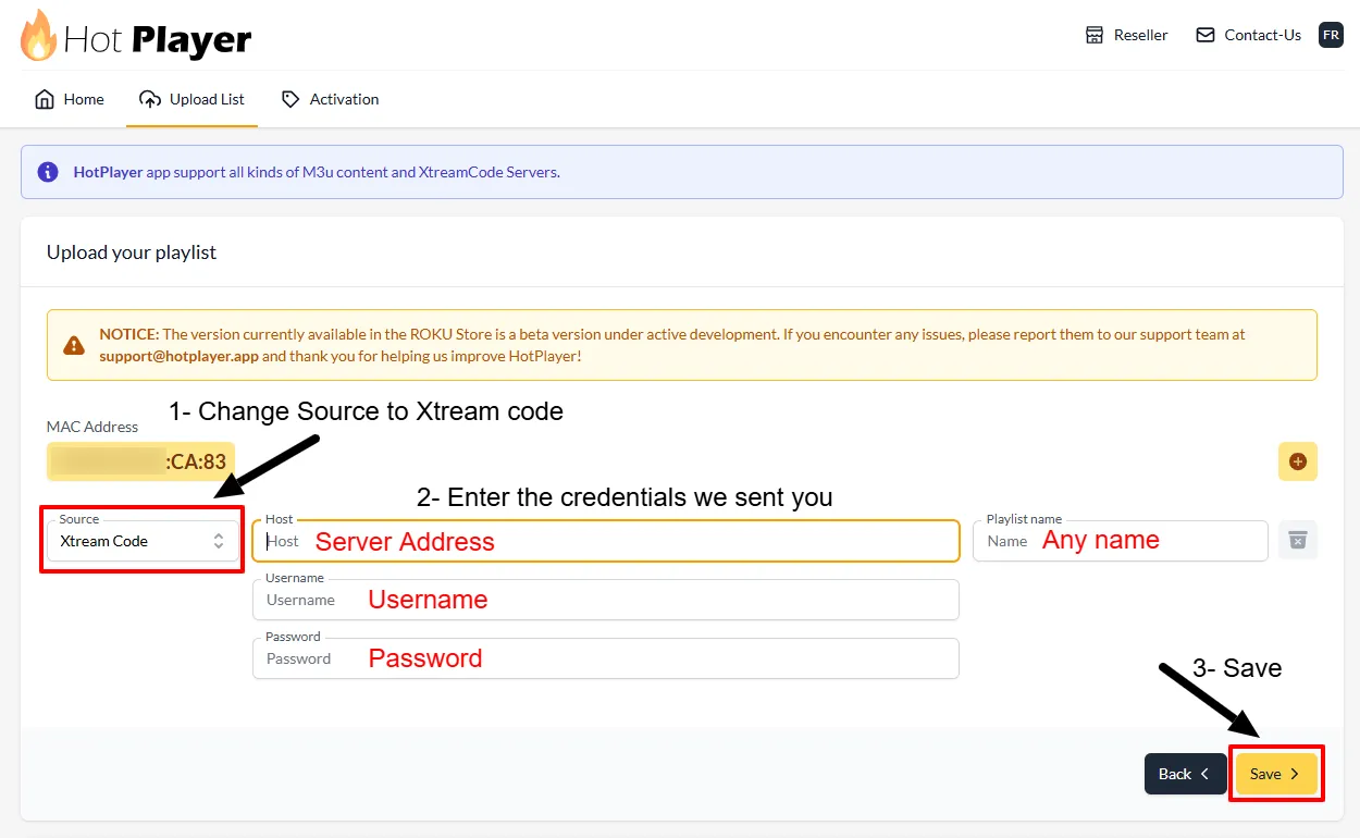 Select Xtream Code source in HotPlayer