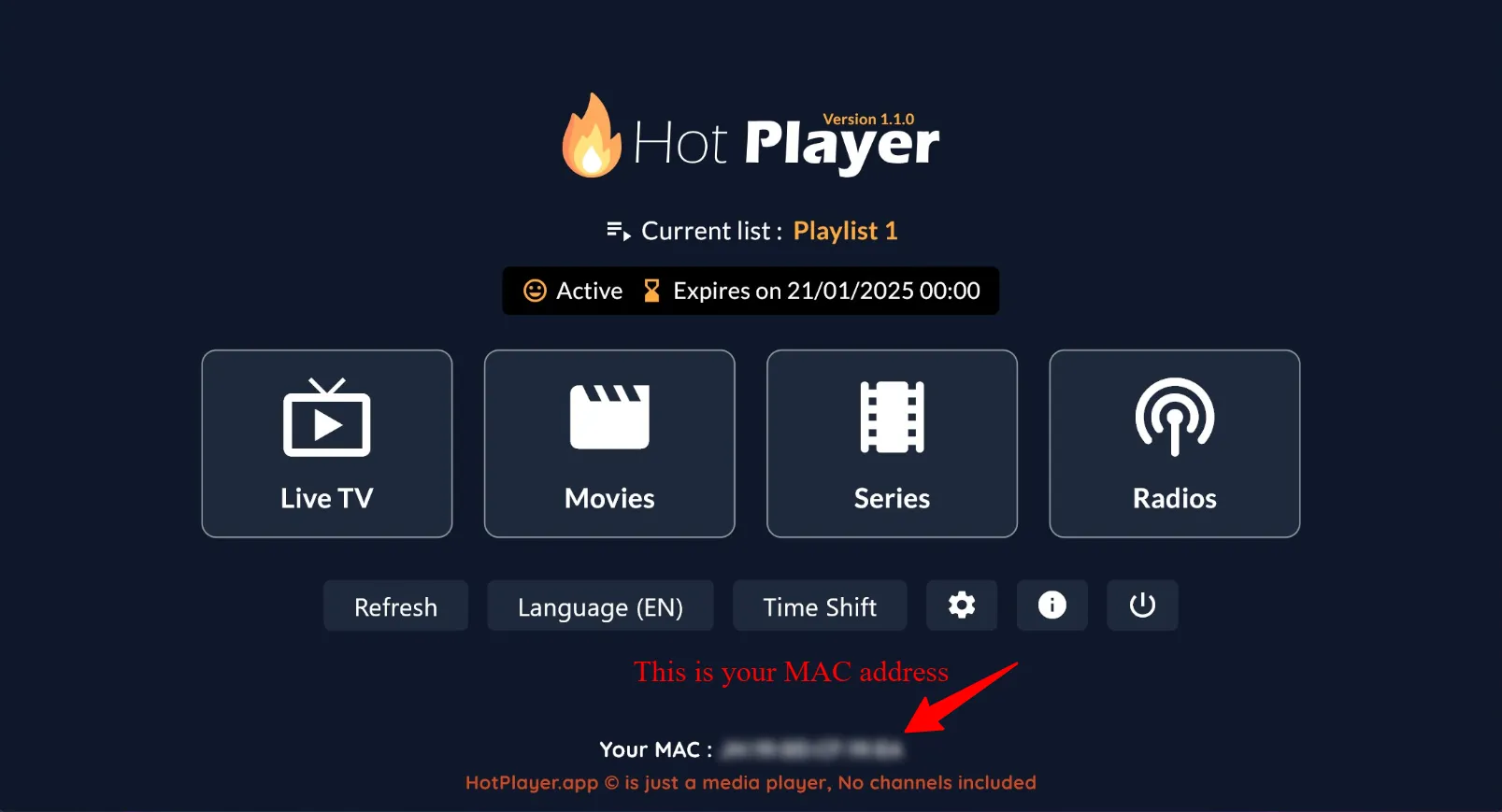 MAC Address displayed in Hot Player app